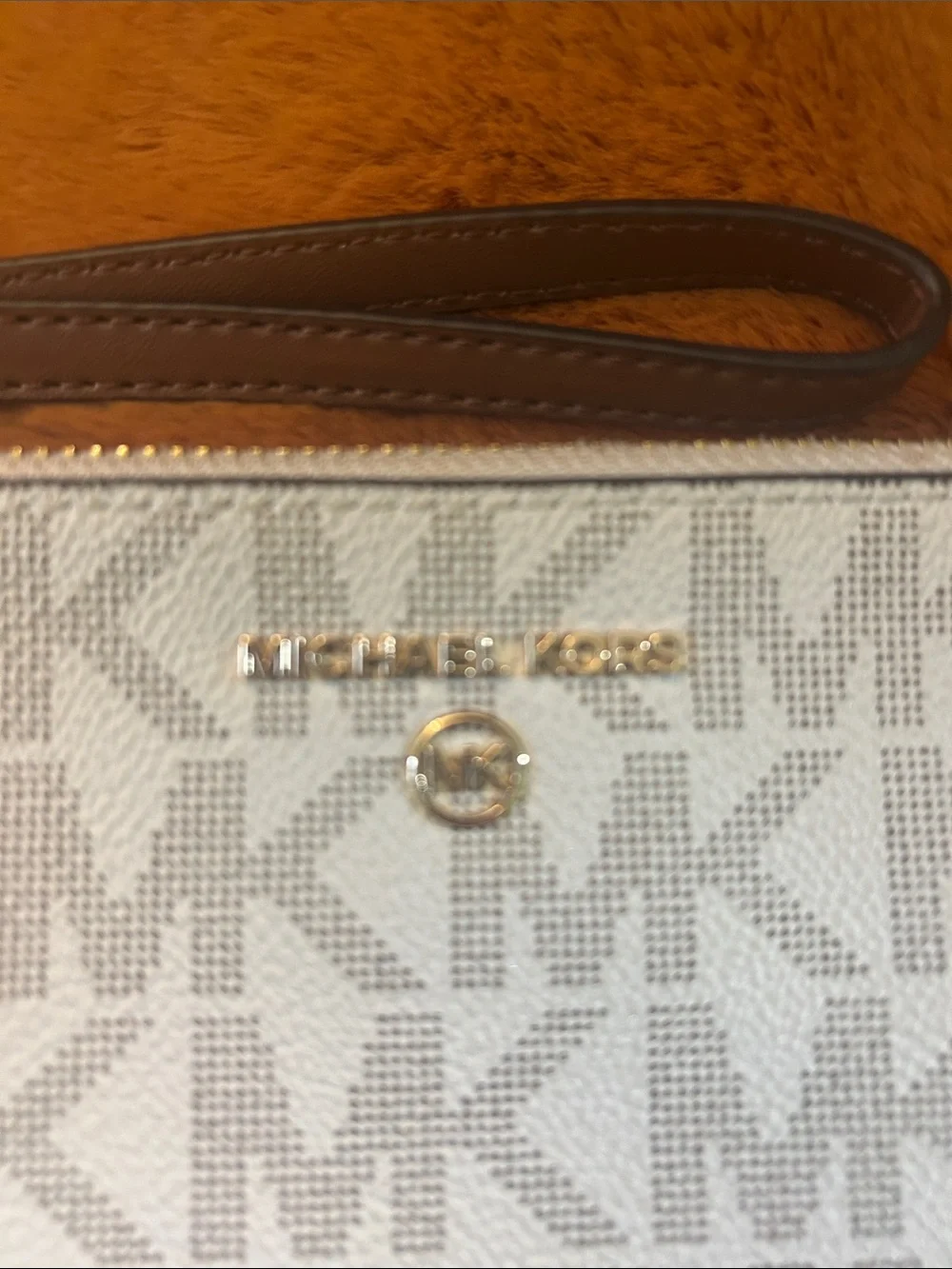 Michael Kors Logo Wristlet in Vanilla with Brown Trim